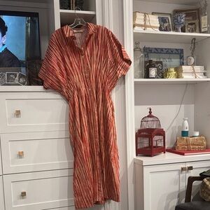 Striped Red and Cream Button-Front Midi Dress